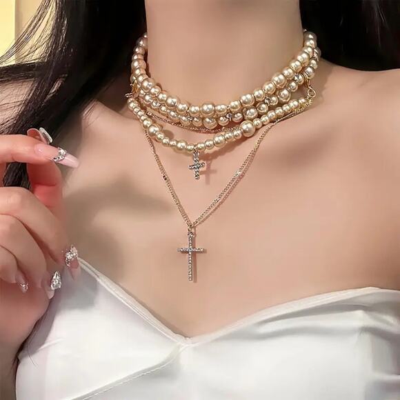 Vintage Style Pearl Layered Choker & Gold Cross Pendant Necklace Set - Picture 2 of 6